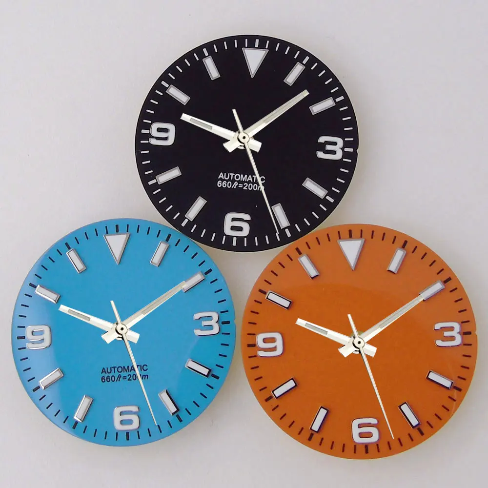 29mm Watch Dial Explore Dial Face for NH35 NH36 Movement Black/Orange/Blue Steel Watch Parts Green Lume Replacement Parts