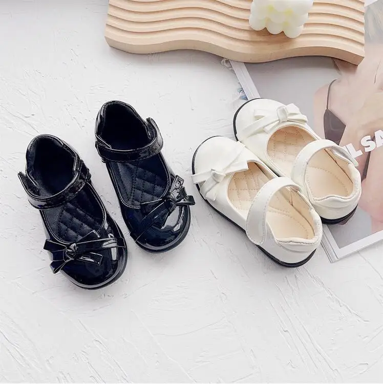 Children's Leather Shoes 2024 Spring Soft Bottom Bow Knot Girl Princess Shoes Black Student Casual Single Shoes Size 26-36