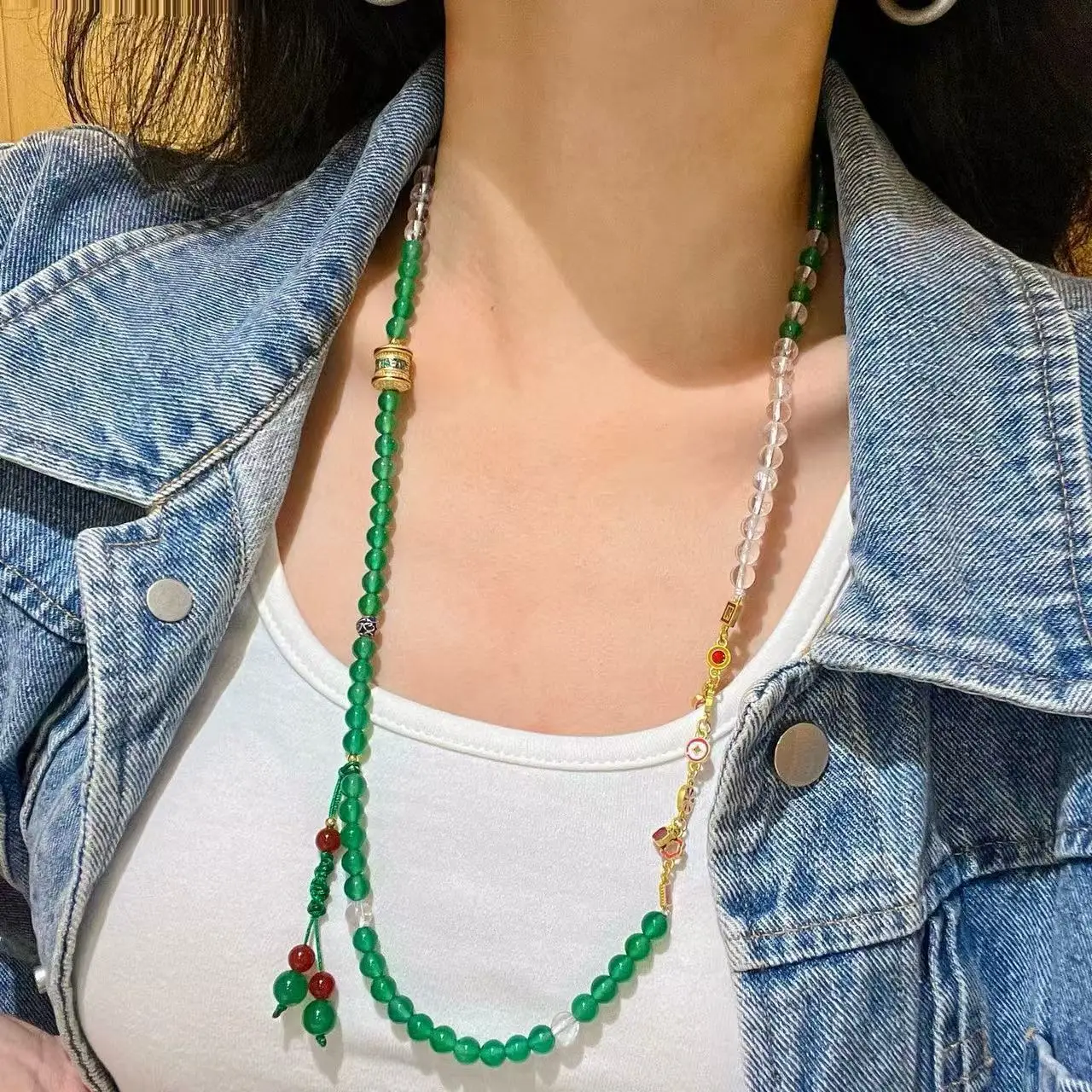 New Chinese retro original handmade natural millet beads green chalcedony white crystal beaded necklace sweater chain