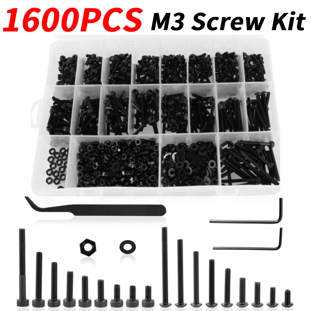

1600 шт. Комплект винтов M3 12,9 класса с шестигранной головкой и головкой, метрический винт, набор болтов и гаек, шайб для 3D-печати