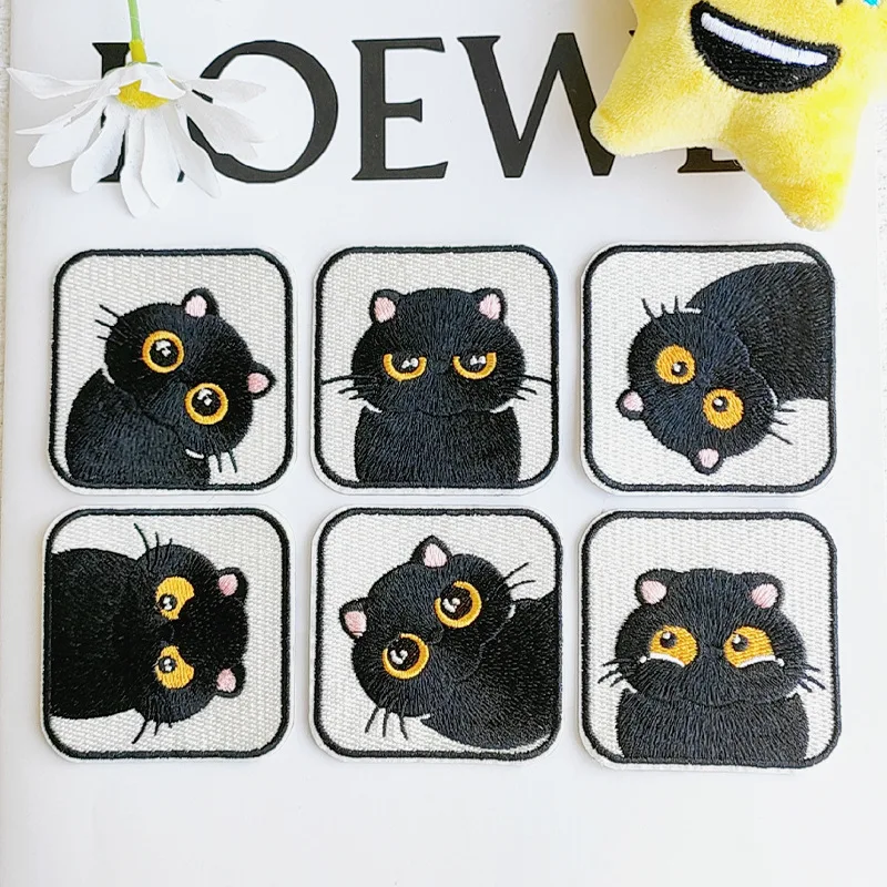 Cute Funny Black Cat Patches For Clothing Kids Square Self-adhesive Embroidery Patch Applique On Jeans DIY Phone Case Sweing