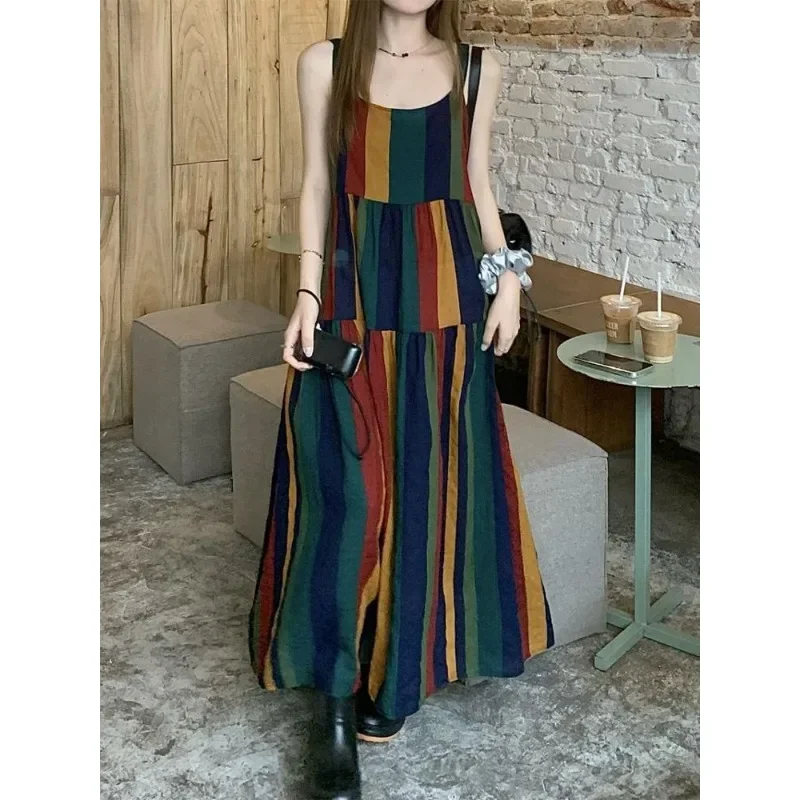 Female Summer Loose Fallow Temperament Nightdress Can Be Worn Outside Splice Artistic Style Rainbow Bar Suspenders Dresses