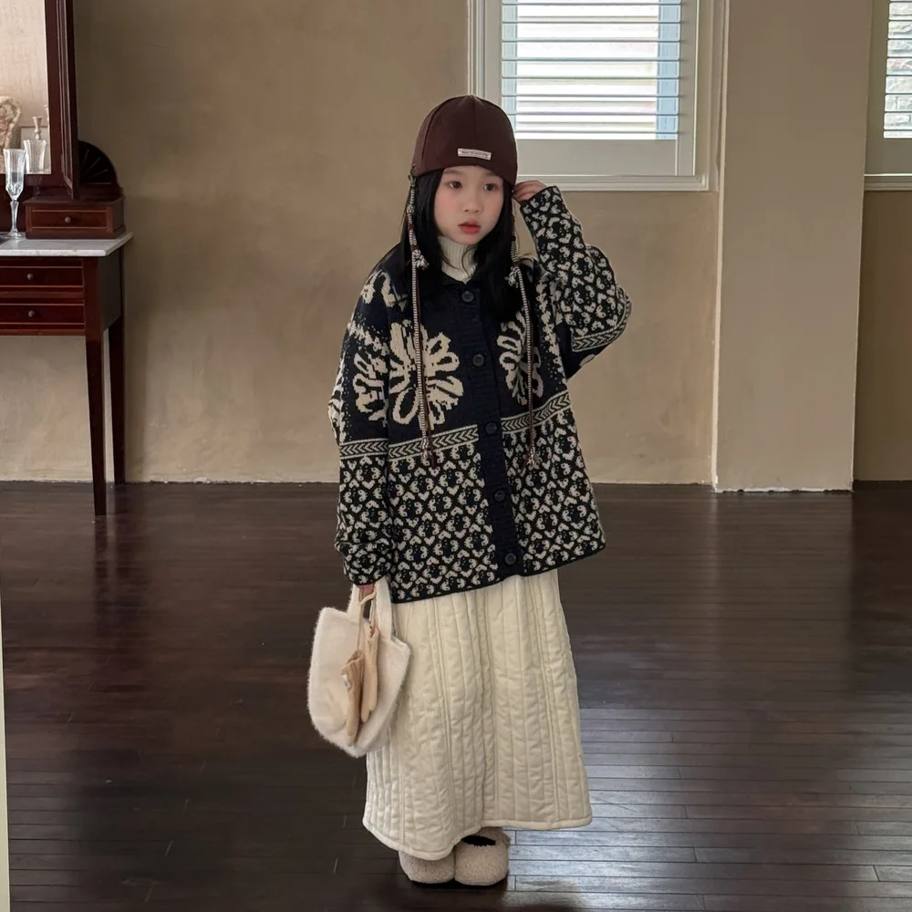 

Retro Children Girls Sweater Autumn Winter Kids Girls Knitted Cardigan Korean Loose Floral Print 1-10Y Baby Girls Knitwear Coats