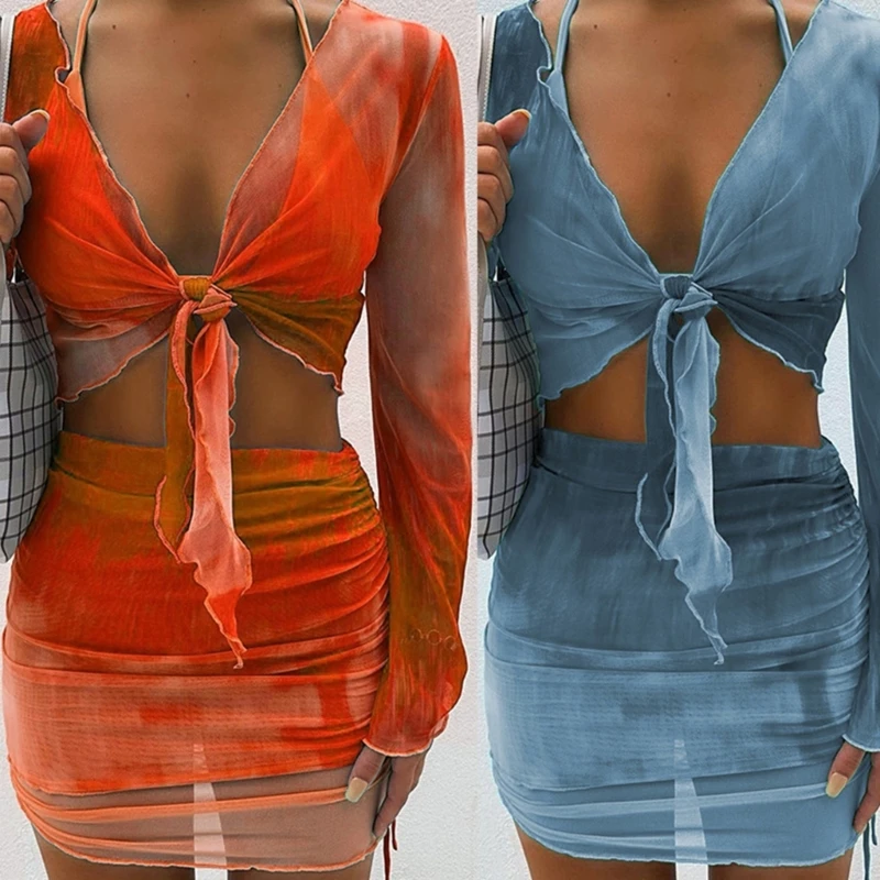

Womens Tie-Dye Long Sleeve Lace-Up Crop Top and Side Ruched Drawstring Mini Skirt Set Summer Bikinis Cover Up Beachwear