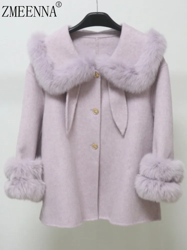 ZMEENNA Women's Elegant Lilac Woolen Coat Faux Fur Collar Cuff Gold Button Short Jacket Loose Fit Warm Winter Outerwear ZM4174