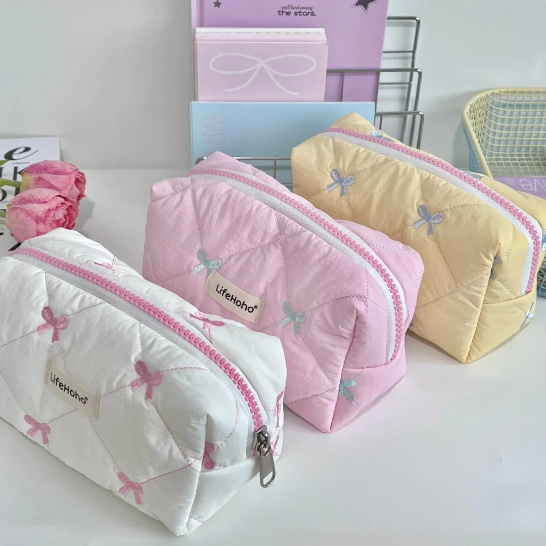 

Милая косметичка с бантиком для ухода за кожей, большая вместительная перегородка для хранения туалетных принадлежностей, портативная дорожная сумка для ручек