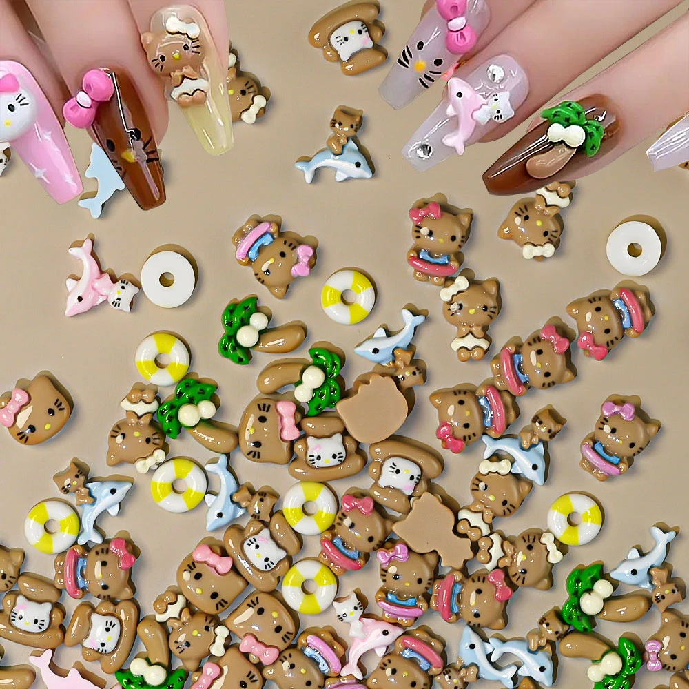 Breloques de bronzage Hello Kitty pour Nail Art, cocotier, cercle de natation, dauphin, Kawaii, décoration d'ongles, bricolage, bijoux d'été, 50 pièces/sac