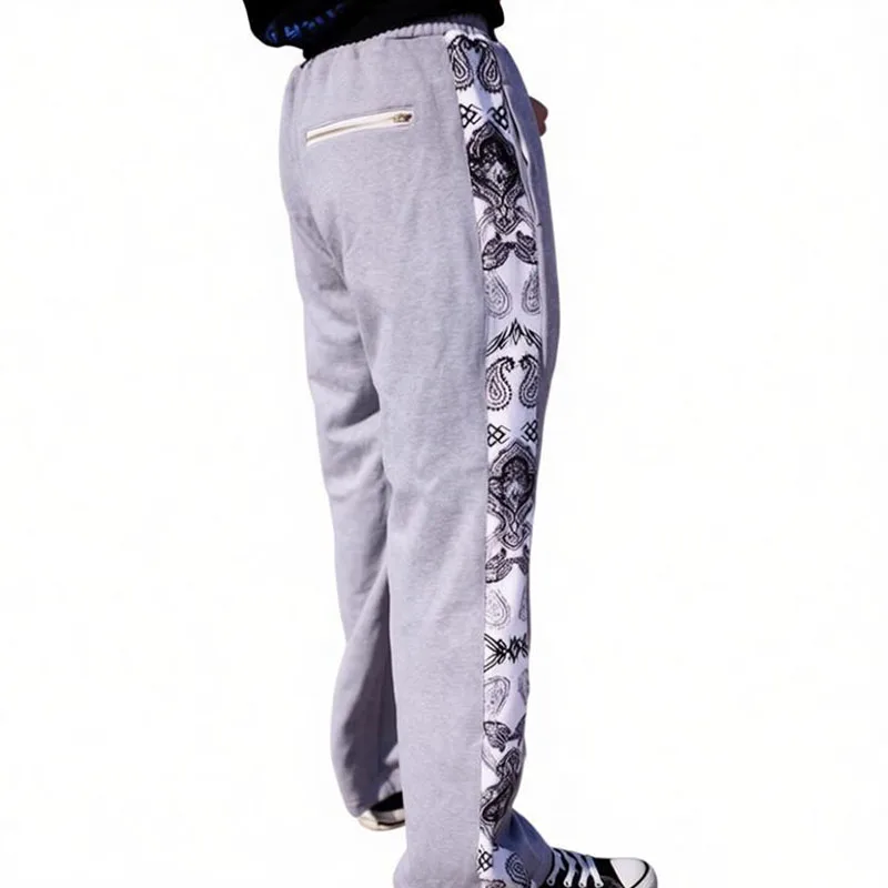 Paisley Print Side Stripe Men Casual Sweatpants Gray / Black Hip Hop Street Wear Elastic Waist Popping Trousers