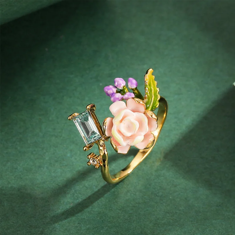 

Light Luxury High-end Design Three-dimensional Enamel Zircon Pink Rose Flower Purple Lavender Seablue Opening Adjustable Ring