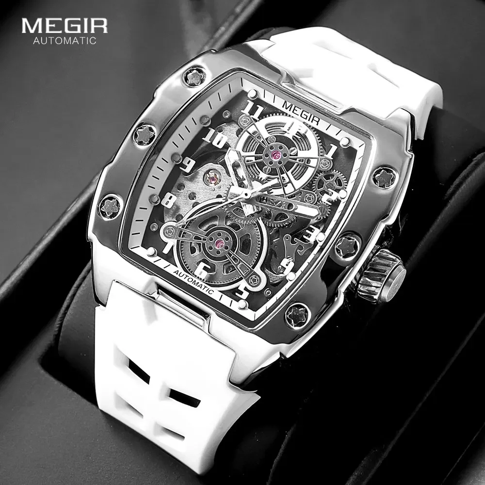 MEGIR 8602 Спортивные автоматические часы мужские водонепроницаемые белые силиконовые ремешки механические наручные часы с полым циферблатом Tonneau