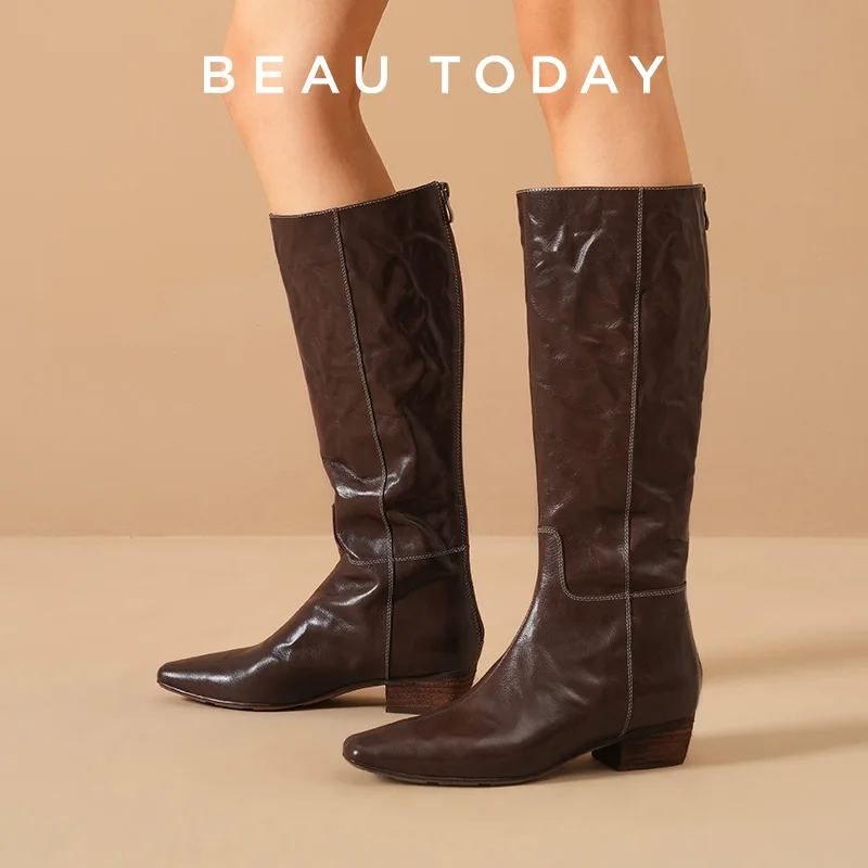 

BEAUTODAY Long Boots Women Calfskin Leather Solid Color Zipper Square Toe Over Knee Ladies Shoes Handmade 01493