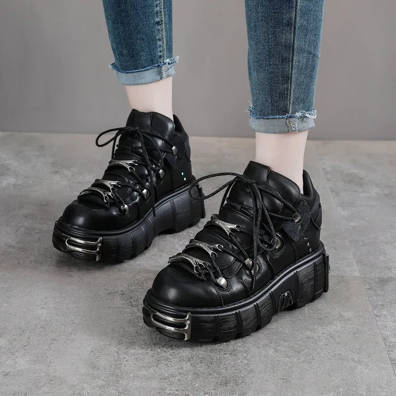 

2026 Gothic Sneakers Women Pumps Shoes Heavy Metal Thick Bottom High Top Punk Leather Shoes Gothic Dark Black Rock Ankle Boots