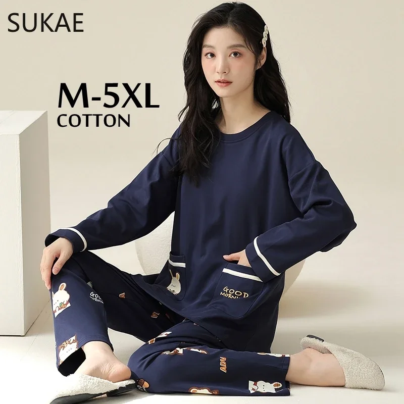 Sukae M-5XL big size women pajama set Autumn Winter new cotton long sleeves woman sleepwear casual girl pijama cartoon nightgown