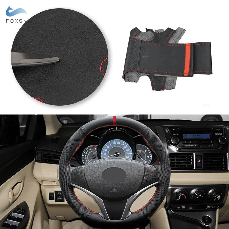 Car Steering Wheel Cover Black Perforated Leather with Red Line Strip For Toyota Yaris L Vios 2014 2015 2016 2017 2018 2019