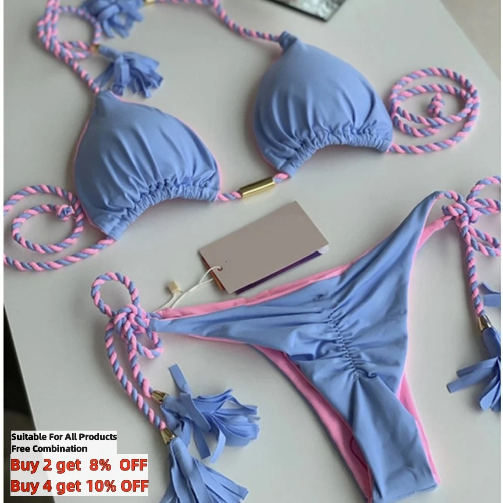 Wholesal Bikini Set 14 Solid Colors) S-XL Hand Braided Rope Swimsuit Two Piece Swimwear Lanyard Bathing Suit Beachwear