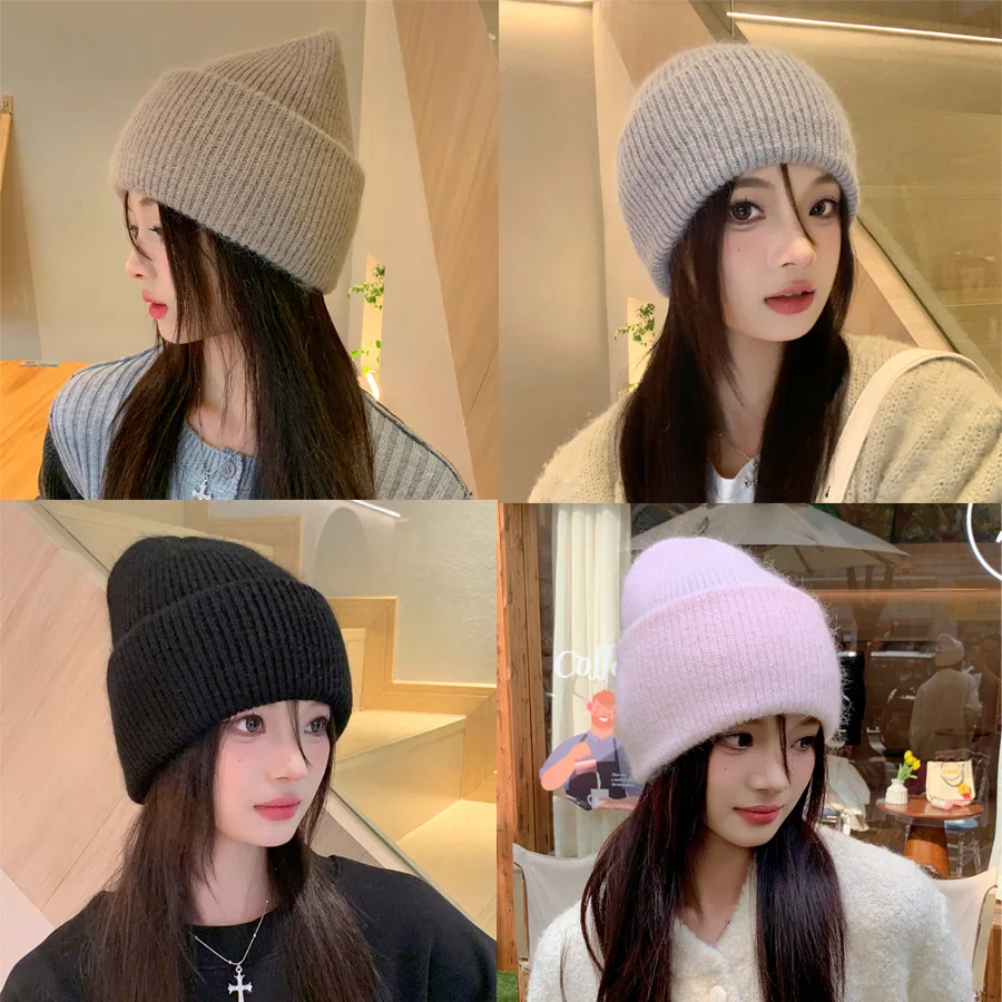 Hat Rabbit Fur Blended Soft Waxy Knitted Hat Small Face Solid Color Ear Protection Pullover Hat Korean Thermal Hat Tide