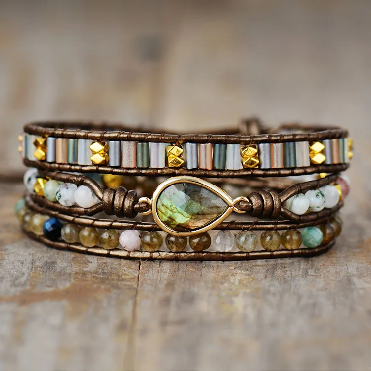Cross-border explosion, elongated stone drop-shaped winding bracelet, stone hand-woven 3-layer leather chain fashion jewelry
