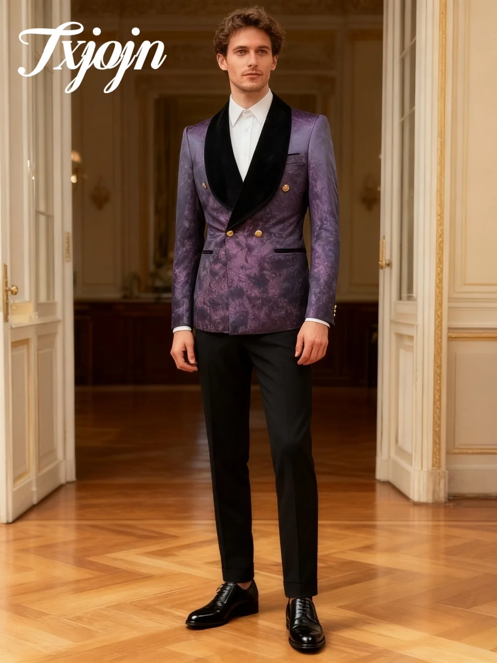 

Classic Double-Breasted Men's Suit Set 2PCS For Wedding Classic Groom Suit Party Suit Blazers Pants Exquisite Jacquard Men's