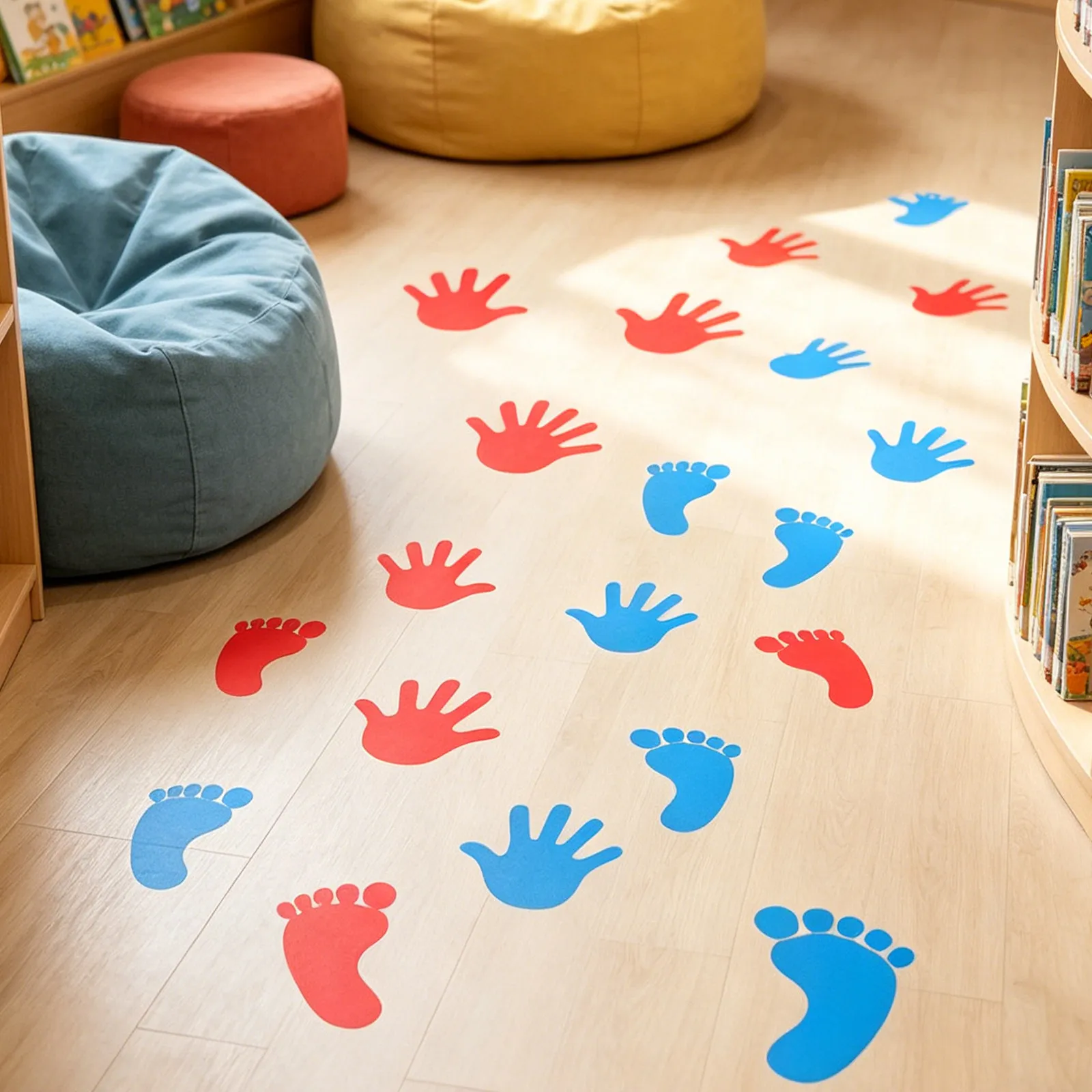 30 Pairs Footprint & Handprint Floor Stickers for Sensory Learning – Colorful Adhesive Classroom & Nursery Wall Decals