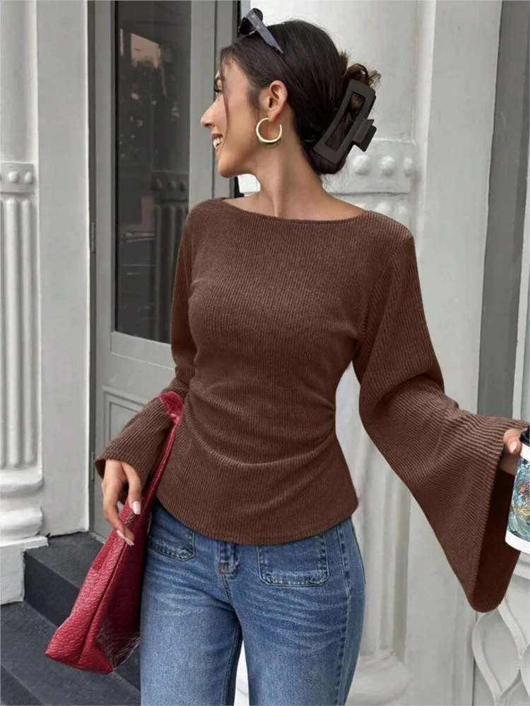 Women O Neck Long Sleeve Tops Ruched Waist Flare Cuff Casual Slim Fit Pullover Elegant Daily Office Streetwear Blouse Autumn New