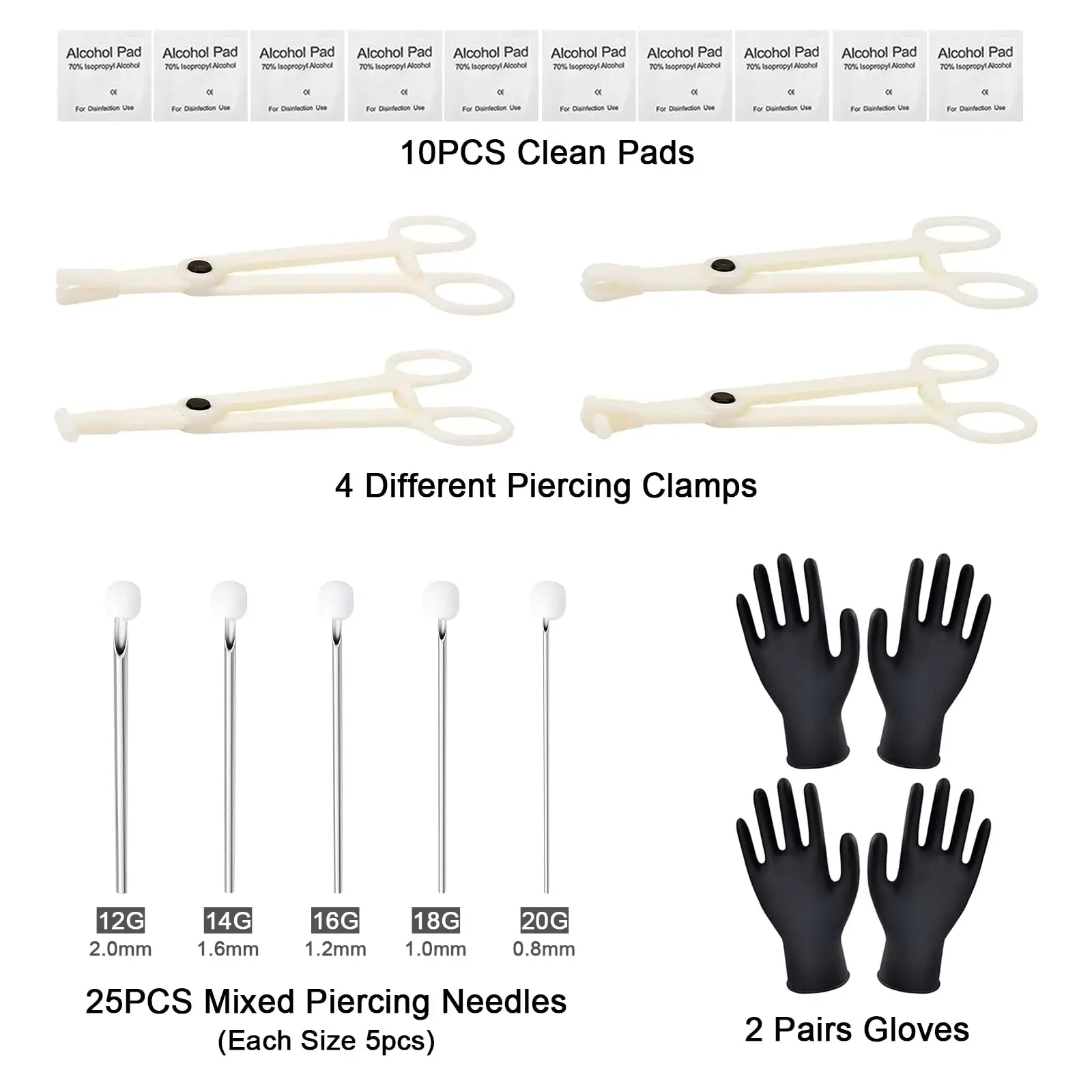 43Pcs Professional Piercing Kit Includes Mixed 12G-20G Ear Nose Piercing Needles Disposable Piercing Clamps Tools Gloves