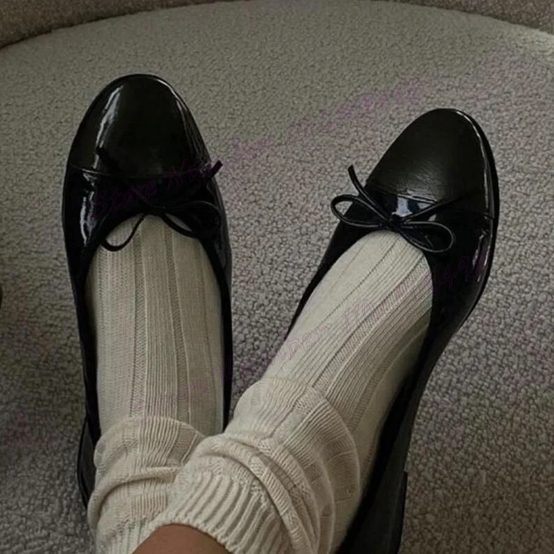 

Black Bow Knot Round Toe Pumps Shallow Patent Leather Shoes for Women Chunky Heels Elegant Shoes 2025 Zapatos Para Mujere