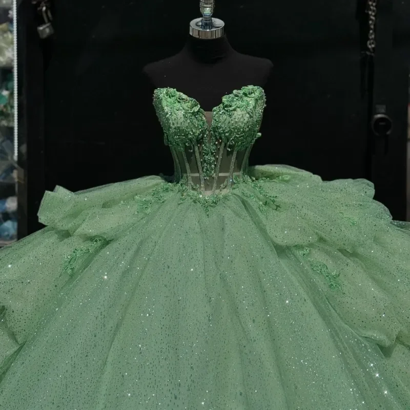 Robes de Quinceanera à lacets vert sauge brillant, grand nœud, robe de Rhà plusieurs niveaux, corset personnalisé