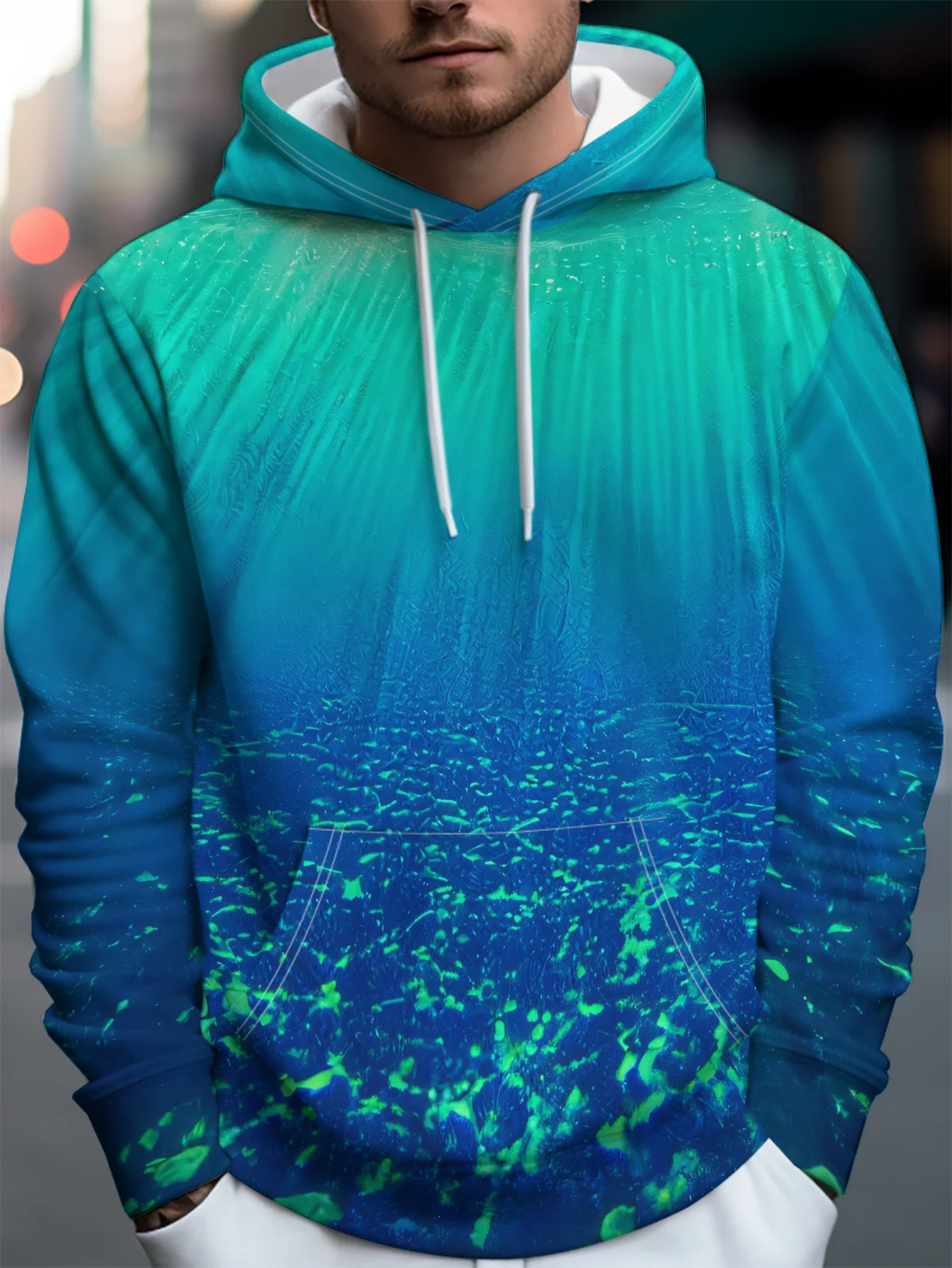 Men Cyan Blue Gradient Splash Ink 3D Print Hoodie Abstract Colorful Graphic Casual Long Sleeve Hooded Sweatshirt