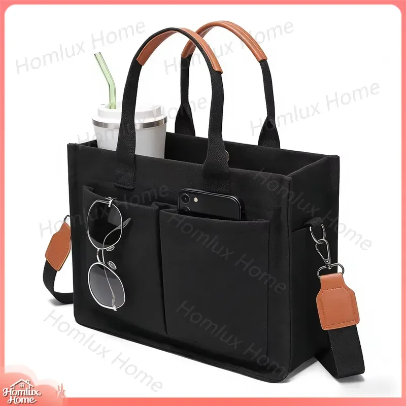 Portable Canvas Tote Bag Multifunctional Work Bag with Removable Shoulder Strap Cup Holder Large Capacity Shopping Bag for
