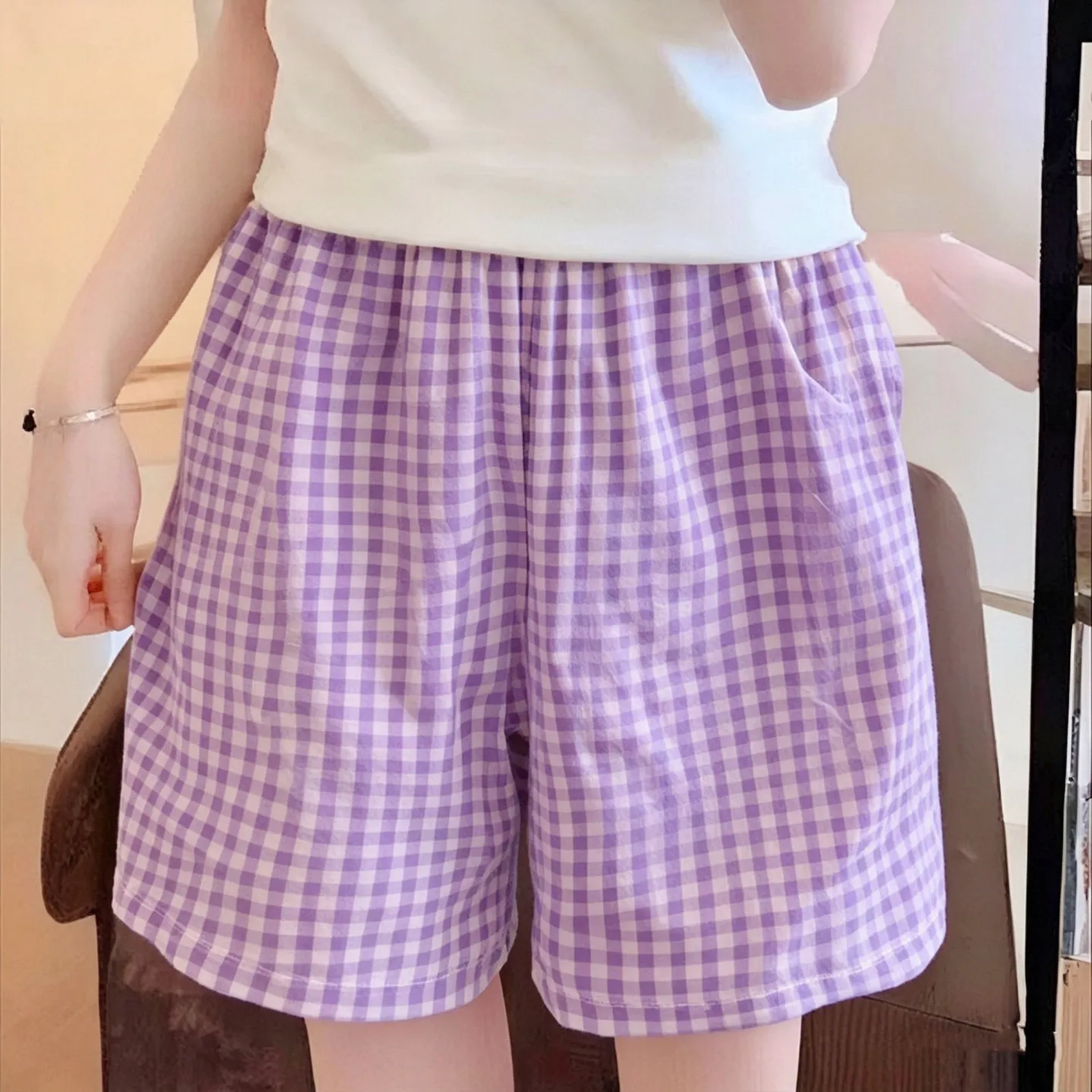 Shorts-purple plaid shorts