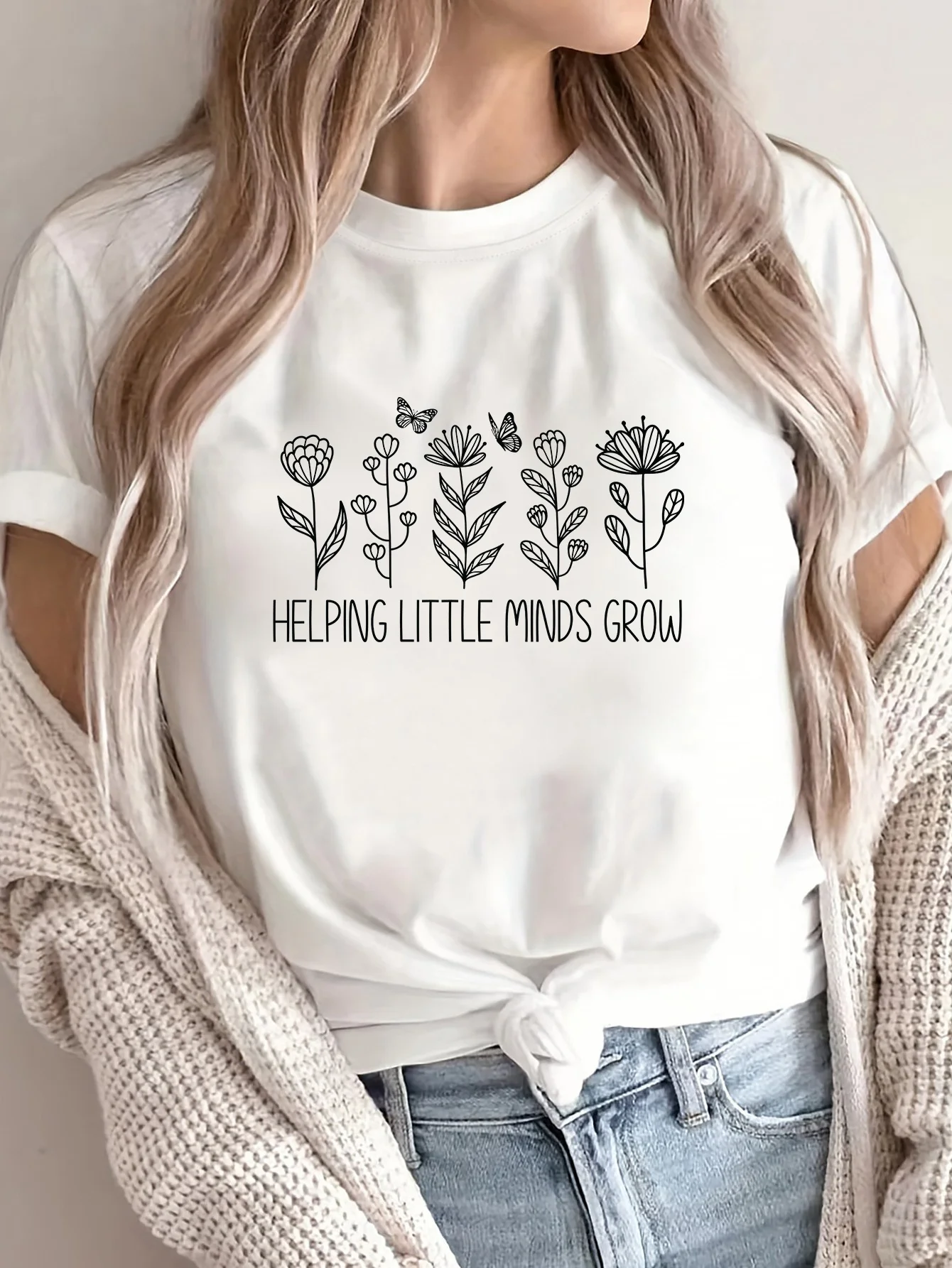 

Футболка в стиле воспитателя «Helping Little Minds Grow» с цветочным и буквенным принтом, летние уличные топы в стиле Харадзюку с короткими рукавами