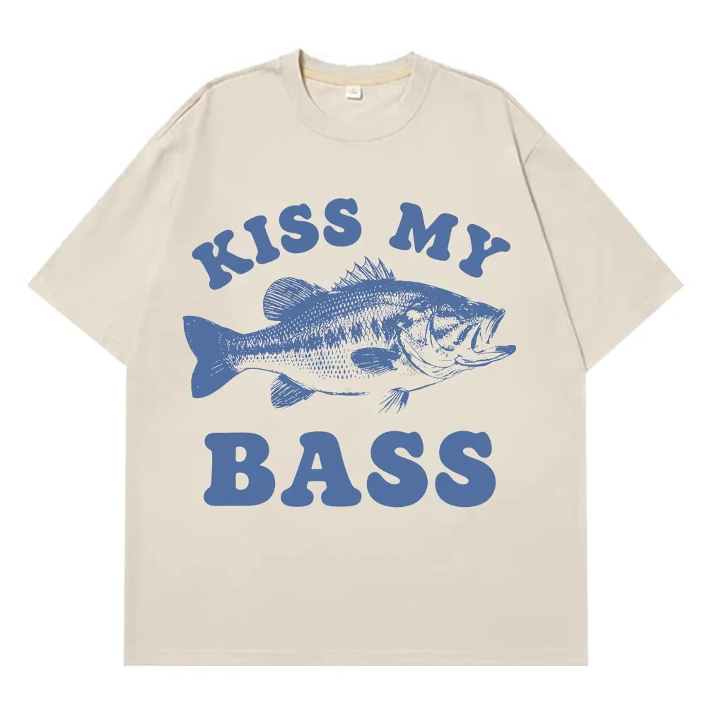 Retro Fishing T Shirt Kiss My Bass Funny Meme T-shirt Men Women Fashion Clothing T Shirt Summer Cotton Casual Harajuku T-shirts