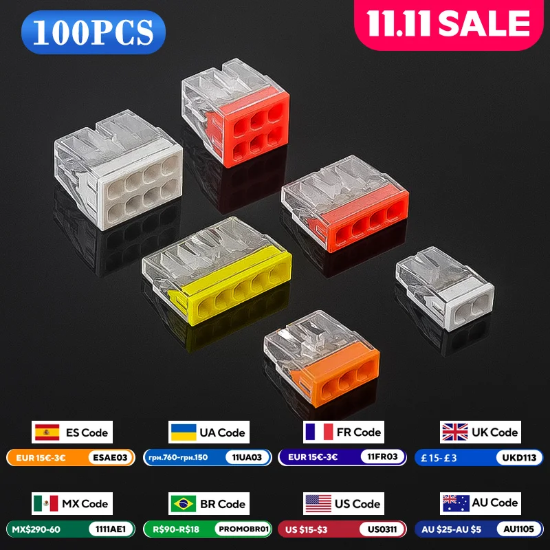 

JINH 100 Pcs CMK 20 Mini Quick Wire Connectors 2/3/4/5/6/8 Ports Terminal Block Hard Stainless Easy Electric Quick Push-In
