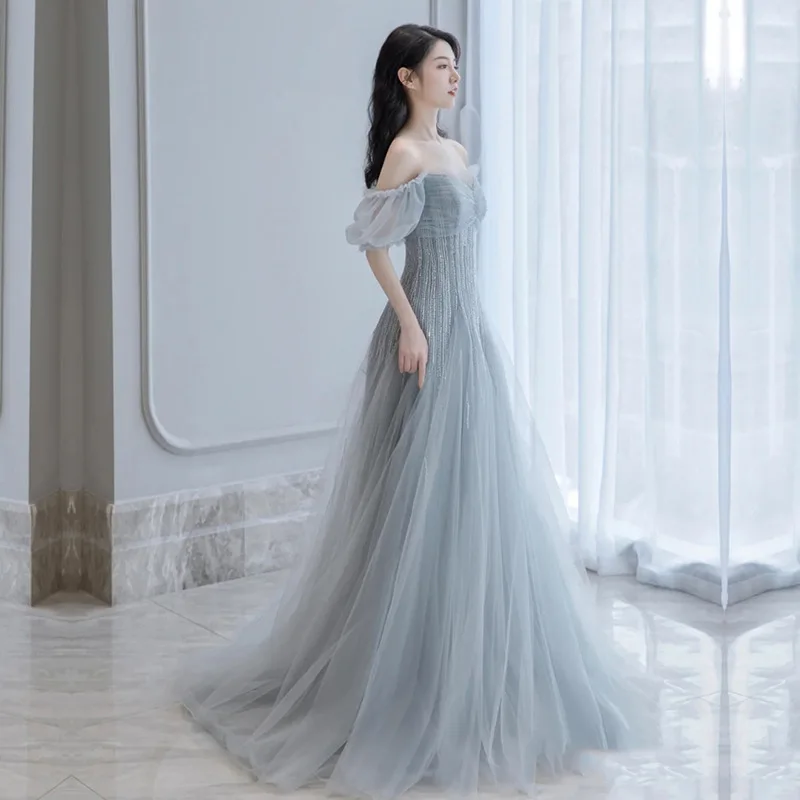 Una linea grigio abiti da sera da donna Tulle perline abiti da ballo abiti da cerimonia formale Vestido De Noche robes de soirée