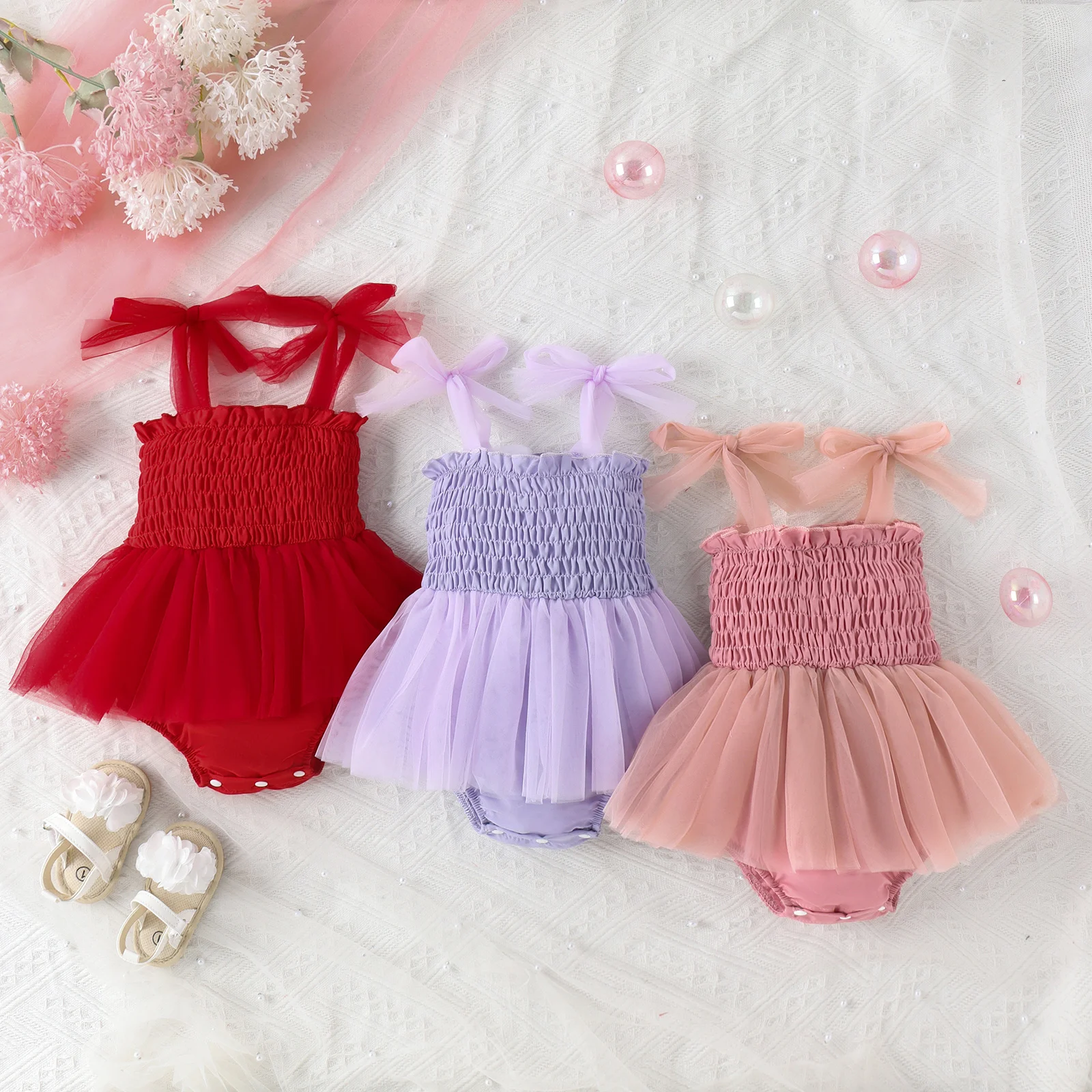 Newborn Baby Girl Clothing Solid Color Tulle Romper Pleated Bow Romper Baby Girl Clothing Summer Clothing