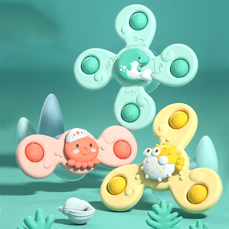 3pcs Child's Bathroom Bath Toys Fingertip Fun Spinning Top Cartoon Animal Rotating Sucker Bath Swim Fidget Toys Baby Rattle Gift