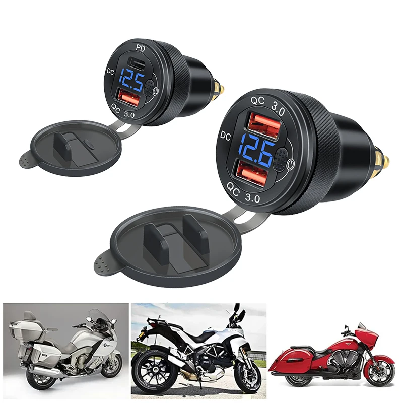 Pengisi daya sepeda motor mobil, adaptor Tampilan Digital Tipe C Hella DIN pengisian cepat, USB C ganda QC3.0 untuk BMW R1250GS G650GS F800 R1200