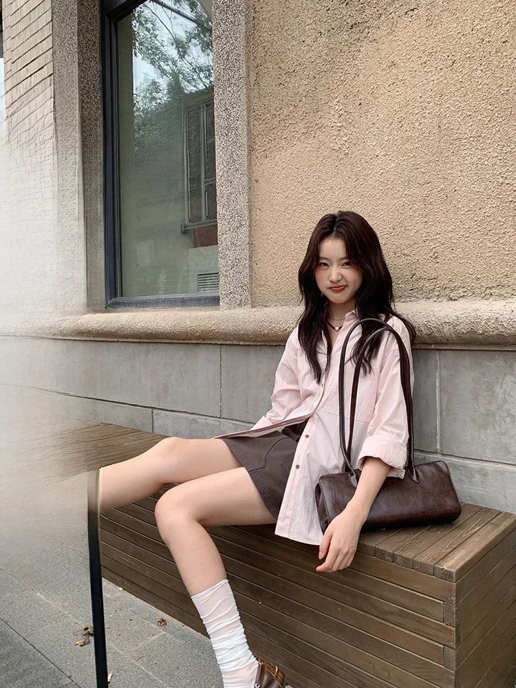 

Pink Long Sve irt Jaet Women's Loose Sle Spring New Design Sensation Blouse White Casual Top Cleanfit Mixd Brand