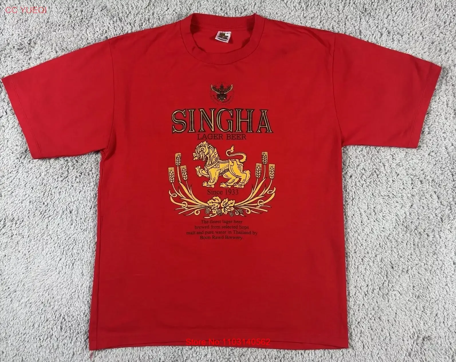 Camiseta con Logo de cerveza Singha Lager para hombre, talla grande, roja, Tailandia, vintage, lavada, ropa de calle versátil, Unisex estirada
