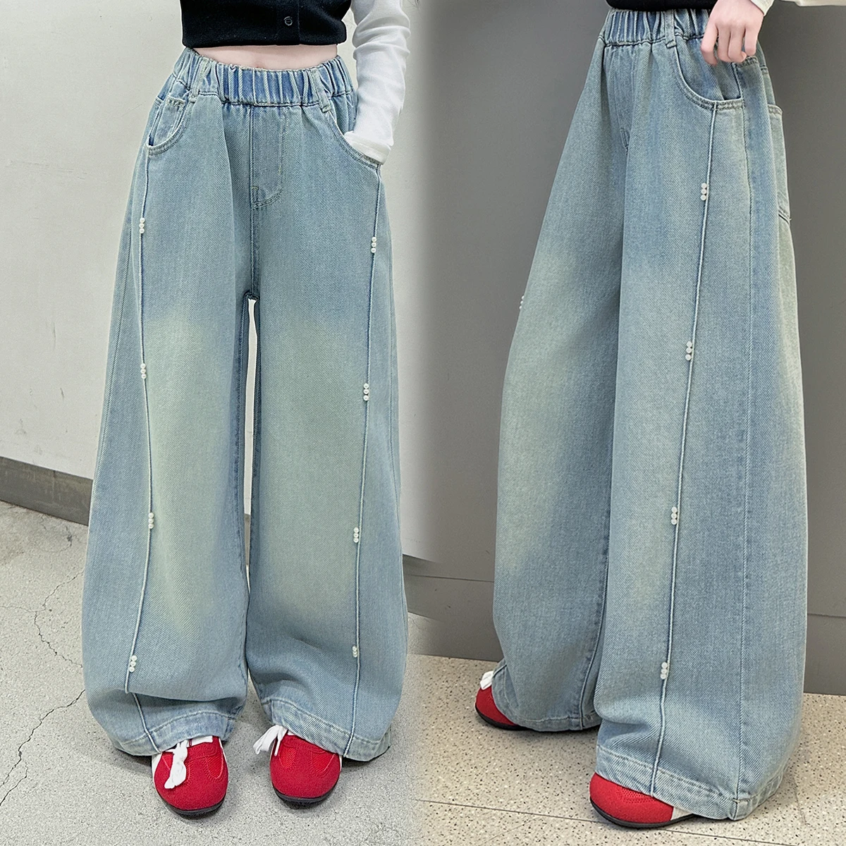 حار بيع الاطفال الخريف واسعة الساق الجينز مع اللؤلؤ لفتاة التوأم أزياء الشارع الأزرق الدنيم السراويل الأطفال جينز غير رسمي السراويل #1