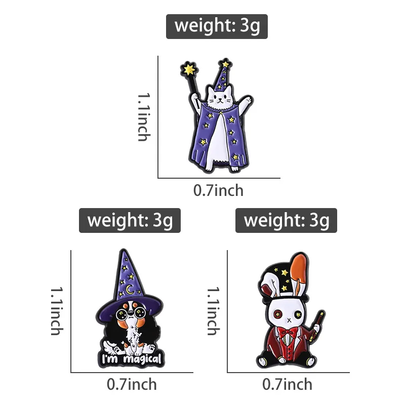 Cartoon Magician Animal Enamel Pins Custom I'm Magical Wizard Magic Hat Rabbit Cat Dog Brooch Lapel Badge Punk Jewelry Accessory