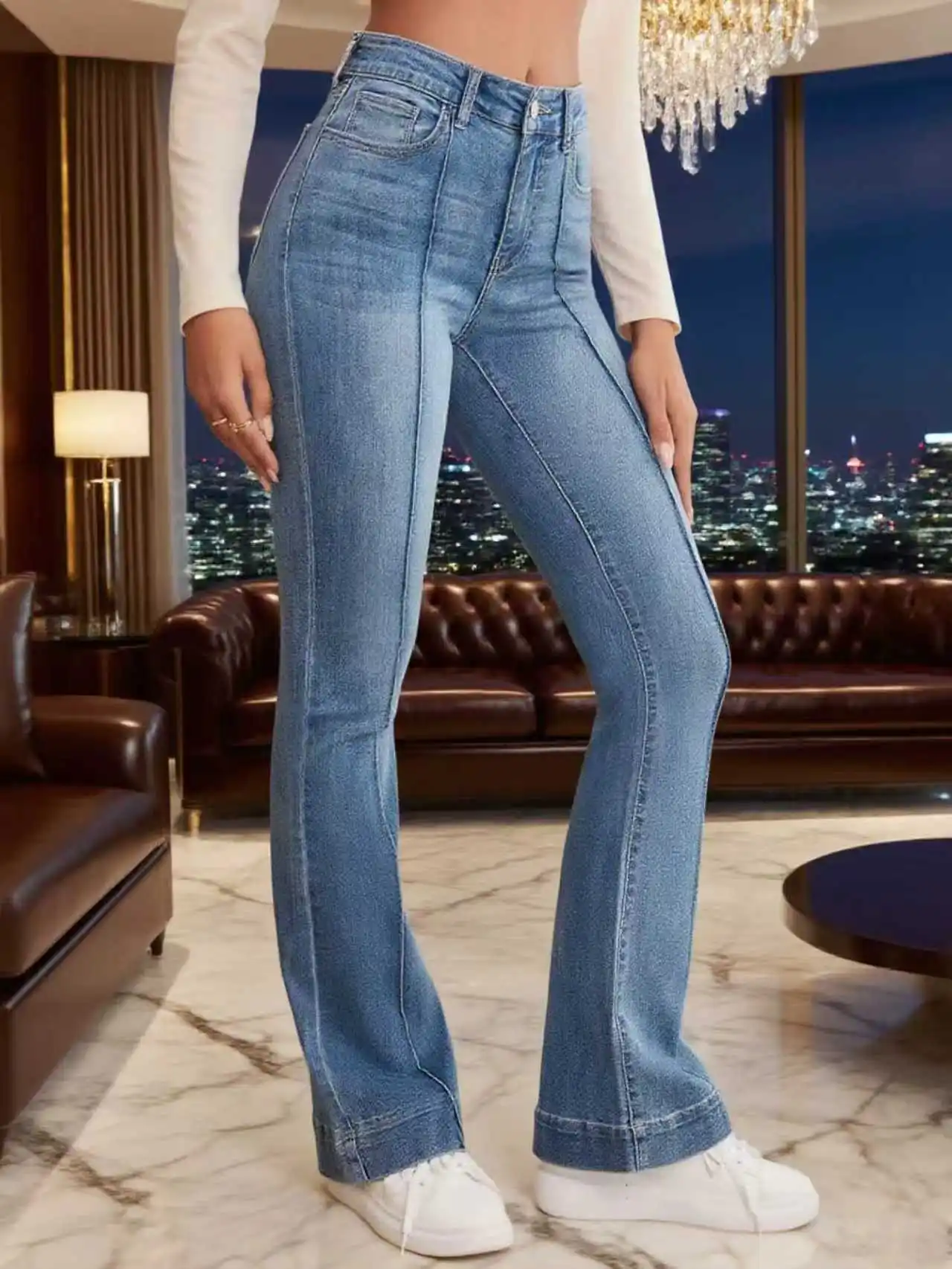 Grijze stretch uitlopende damesjeans Franse naaddetail Eenvoudig ontwerp Veelzijdige afslankende bootcut broek Damesbroek broek Jeans