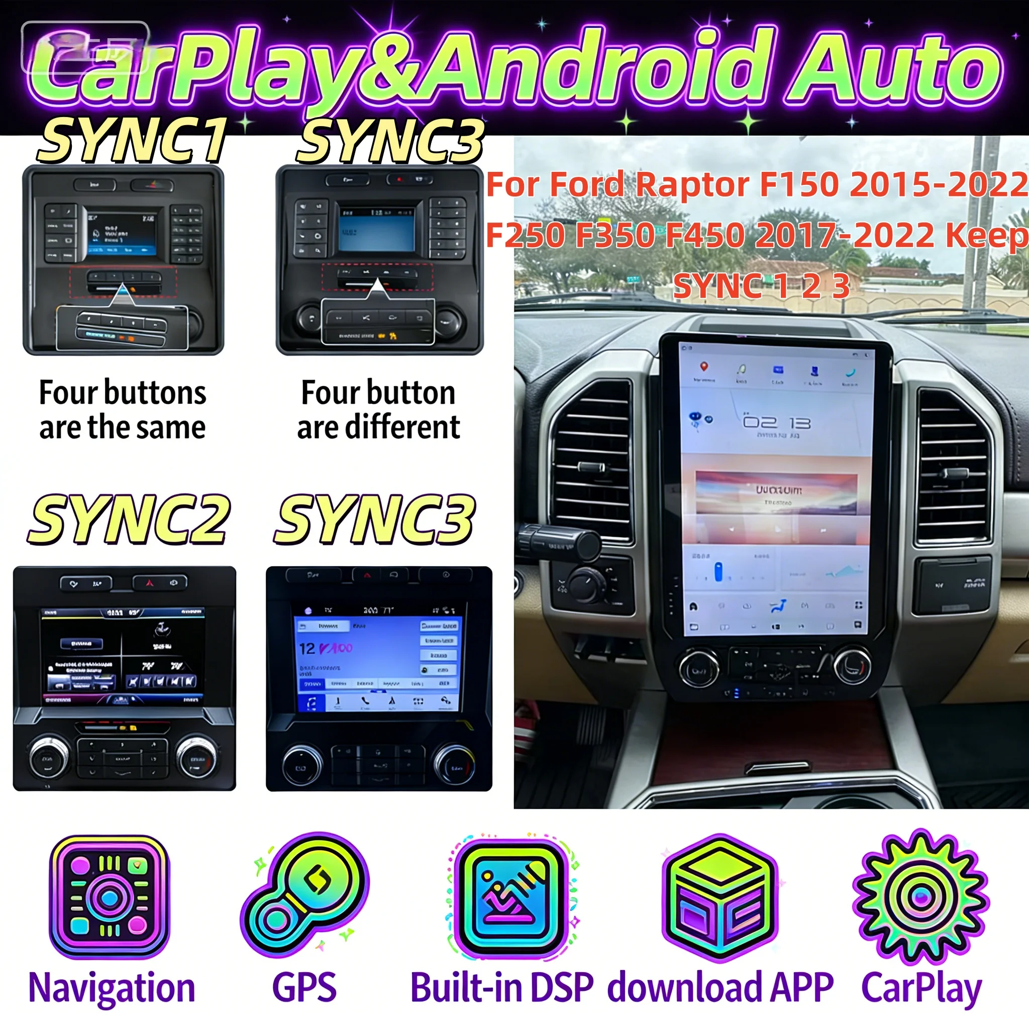 

Мультимедийная стереосистема Bluetooth 5.0 для Ford F150 2015-2021 с CarPlay, Android, GPS-навигацией, HD-экраном и головным устройством для автомобиля