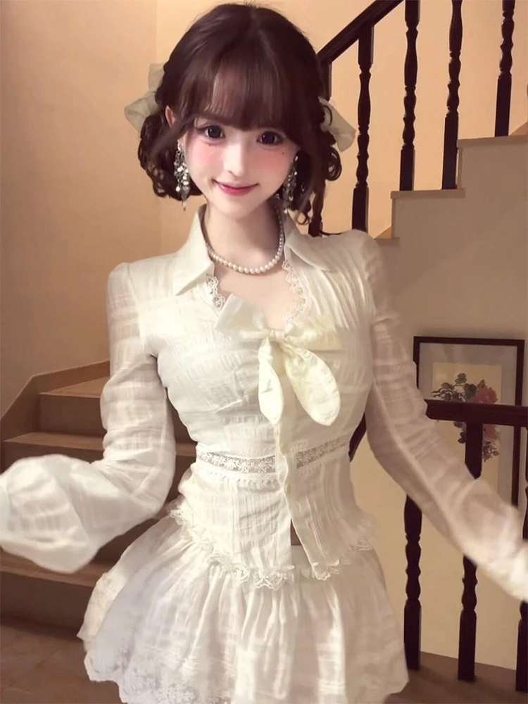 

SYJ Shuyijia Long Sleeve Lace Patchwork High Waist Puffy Skirt Women's Shirt Knot Sweet Style Fashion Set