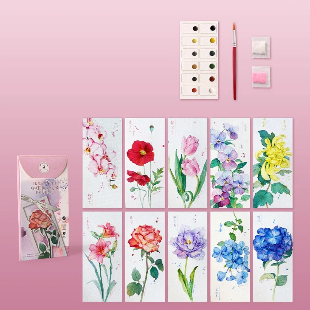 New 10 Sheets Watercolor Painting Set 12 Colors DIY Bookmark Painting Set Hollow Gift Coloring Bookmark