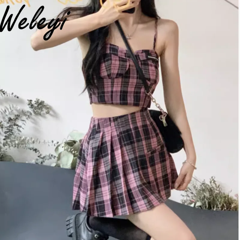 Kawaii Sweet Women Two Peice Sets 2024 Summer New Retro Hot Girl Wear High Waist Pullover A Line Sleeveless Pleated Skirt Suits