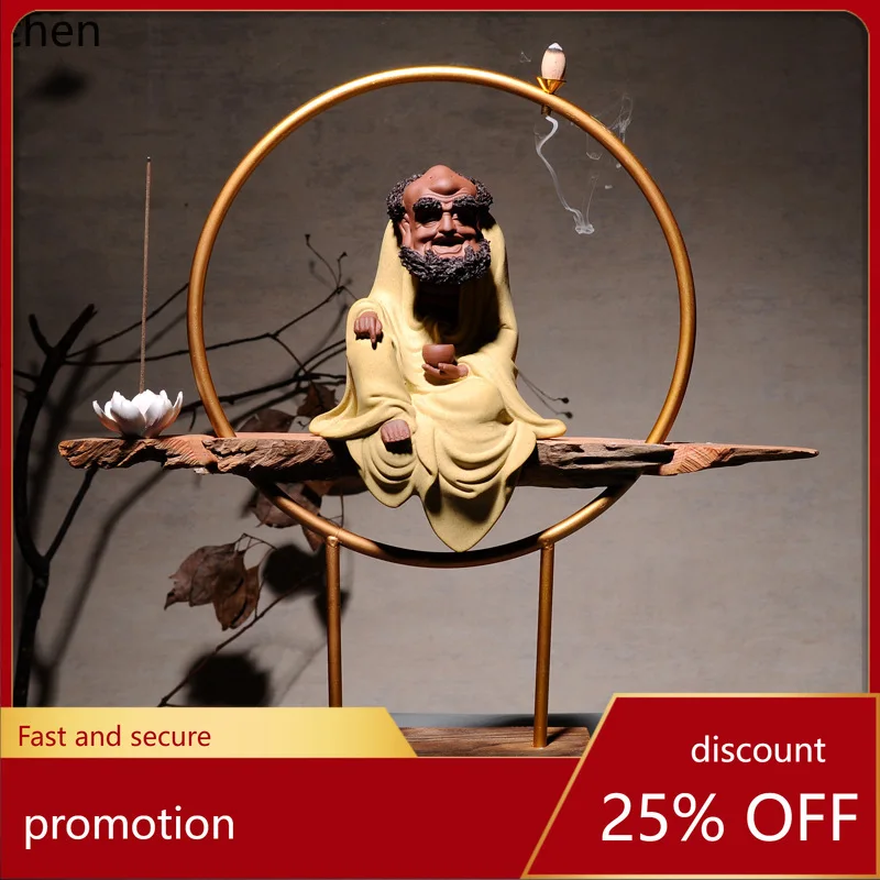 

Cz1 ceramic bodhidharma buddha statue ornament with solid wood base - new chinese style living room zen decor