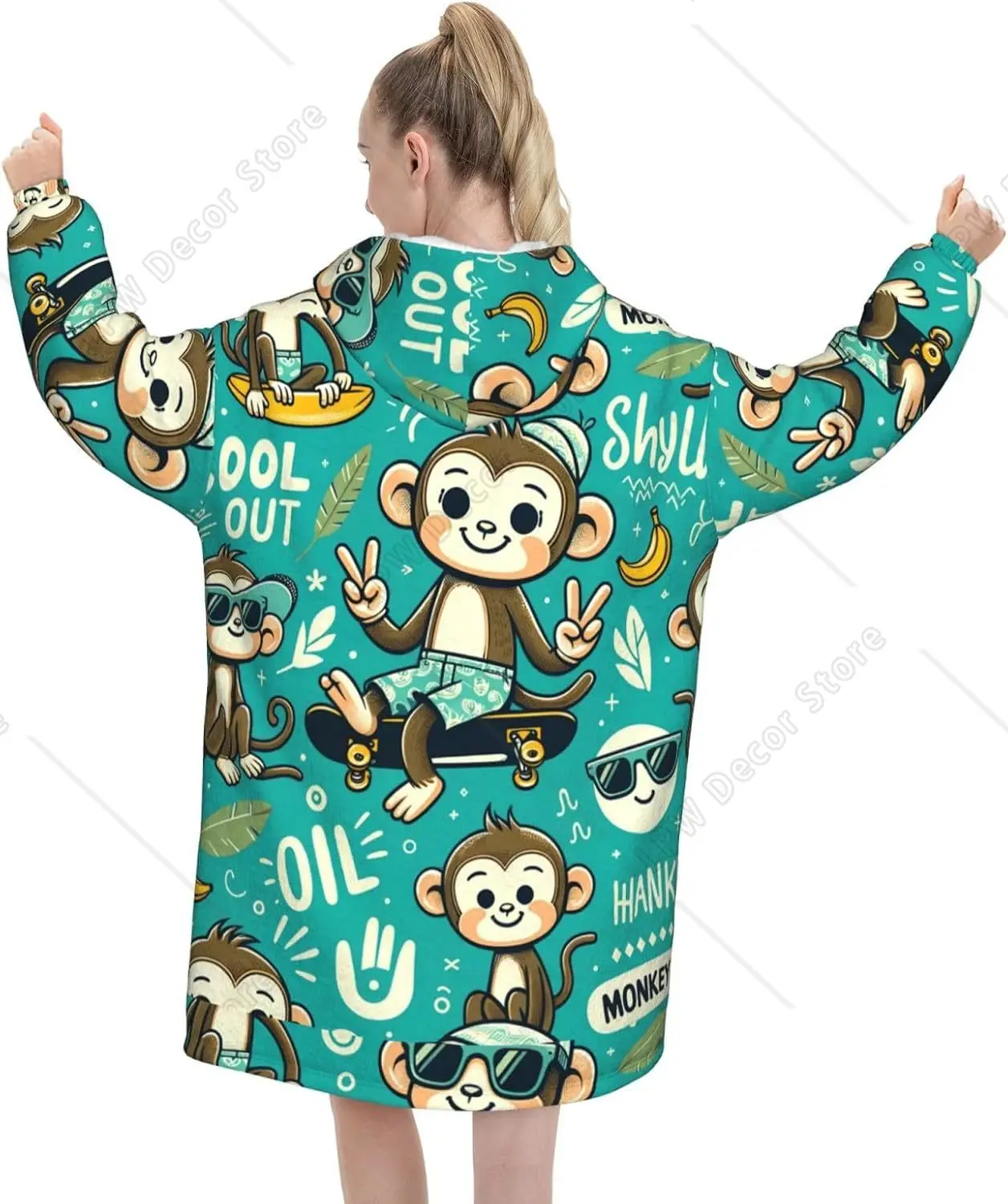 Oversized Flannel Wearable Blanket Hoodie For Adult Monkey Cool Delightful Gesture Soft Fuzzy Hooded Lounging Pullover