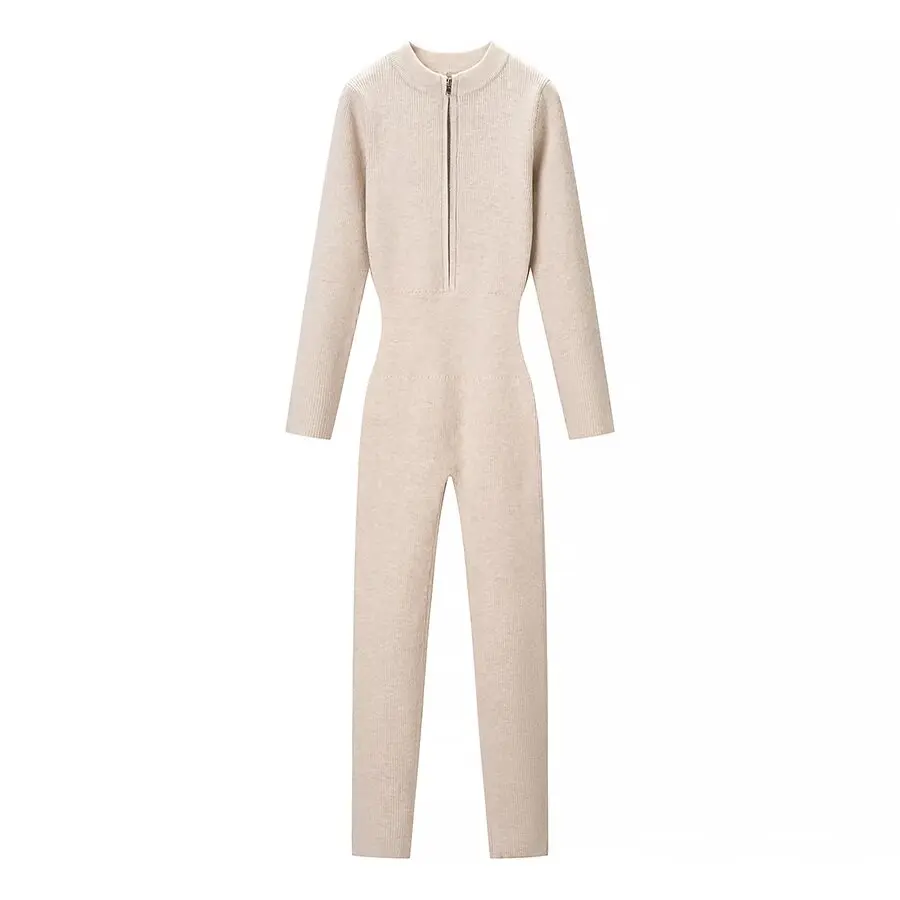 디이지 여성 2025 겨울 신상 패션 솔리드 컬러 타이트 점프수트 올매치 크루넥 긴팔 하프 지퍼 타이트 여성복