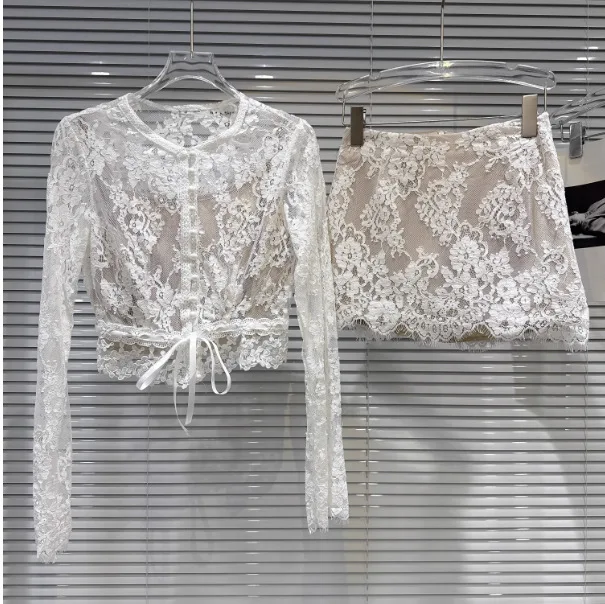

2025 Autumn New Fashion Women's Two-pieces Set Lace High-End Feel Mesh T-shirts Wrapped Hip A-line Mini Skirt